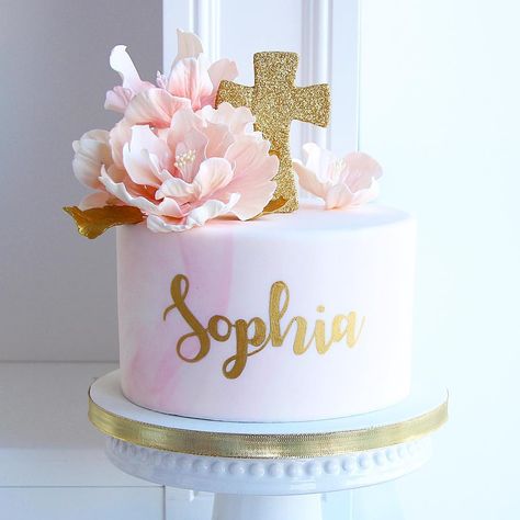 Sweet and simple for baby Sophia’s baptizing! Congrats Sakshi and Zac! #sweetphilosophy  #baptism #customcakes #cakes #pink #gold #sweet… Baby Dedication Cake, Girl Baptism Party, Christening Cake Girls, Baptism Cake Girl, Comunion Cake, Dedication Cake, Cakes Pink, Baptism Party Decorations