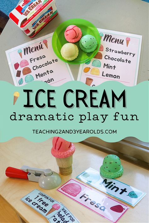 Have fun this summer with these toddler and preschool ice cream dramatic play printables - 34 pages that include English and Spanish versions! Work on patterning, fine motor, and counting during pretend play! #toddler #preschool #dramaticplay #icecream #pretend #English #Spanish #patterns #finemotor #counting #classroom Ice Cream Dramatic Play Preschool, Hot Chocolate Dramatic Play, Ice Cream Dramatic Play, Dramatic Play Printables Free, Dramatic Play Activities, Play Menu, Play Ice Cream, Play Preschool, Play Printables