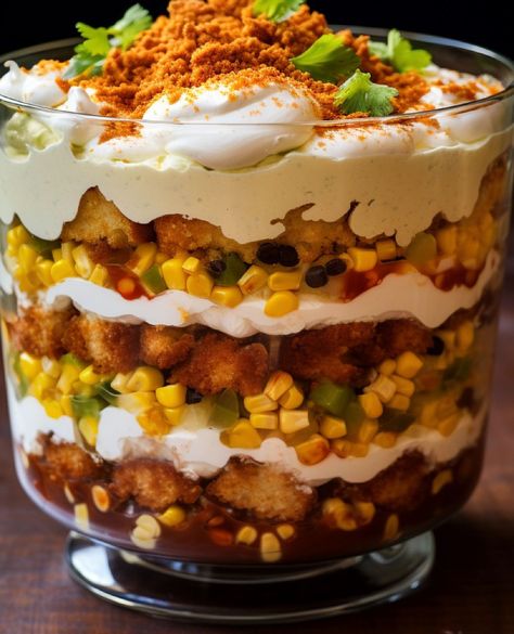 Friends Thanksgiving Trifle Recipe, Cowboy Cornbread Trifle, Trifle Dish Recipes, Savory Trifle Recipes, Cowboy Trifle, Savory Trifle, Halloween Trifle Desserts, Fall Trifle Recipes, Fall Trifle