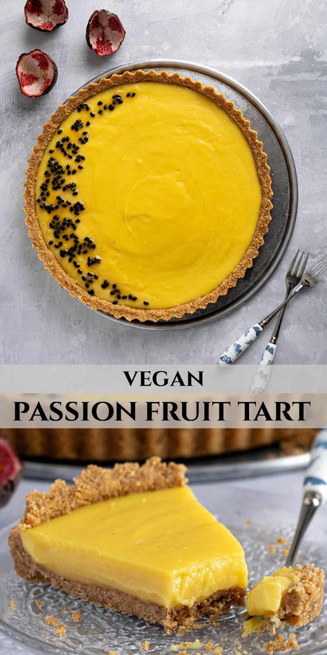 This vegan passion fruit tart is sweet, rich and creamy, with a delicate passion fruit flavour and a crisp biscuit base.  It is easy to make with just a few ingredients and is the perfect dessert for any celebration. Passion Fruit Tart, Passion Fruit Mousse, Mango Pie, Mango Tart, Passion Fruit Curd, Passionfruit Recipes, Vegetarian Sweets, Mango Cheesecake, Passion Fruit Juice