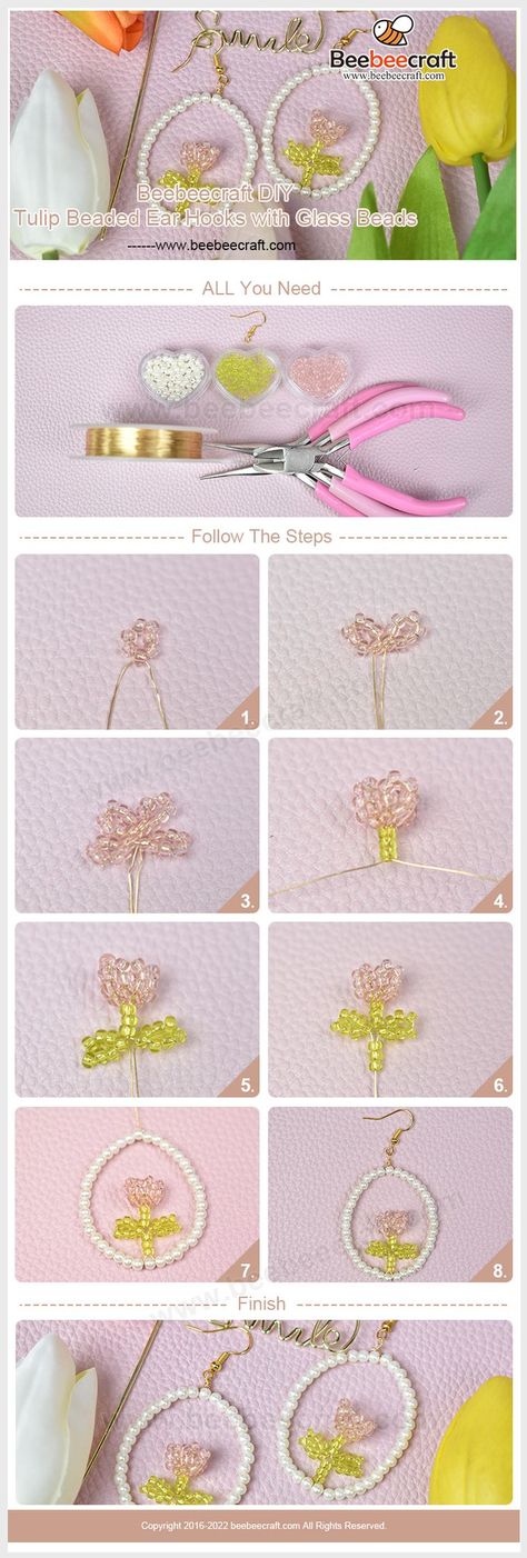 Tulip Bead Pattern, Beaded Tulip Tutorial, Beaded Crafts To Sell, Tulip Beads Bracelet, Flower Out Of Beads, Beaded Flowers Patterns Tutorials, Beaded Tulip Earrings, Flower Beads Tutorial, Bead Tulip