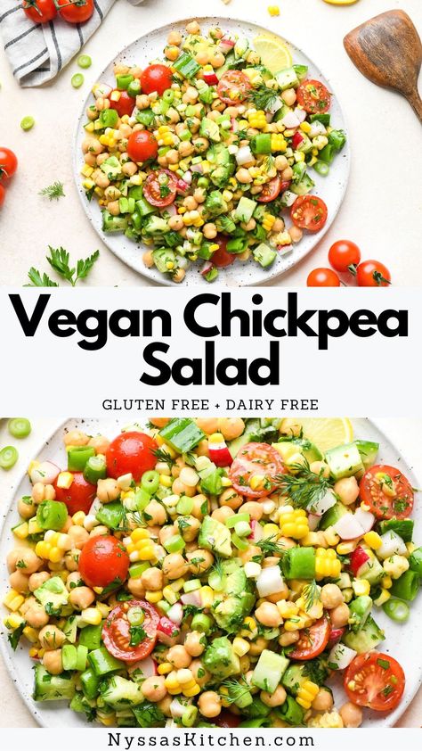 This easy chopped vegan chickpea salad is made with a rainbow of fresh veggies, creamy avocado, dill, parsley, green onions, and a simple lemony dressing. A healthy and unique recipe that's perfect for a quick lunch, summer BBQ, or potluck! Vegan, vegetarian, dairy free, gluten free! Potluck Vegan, Salad Dairy Free, Lemony Dressing, Vegan Chickpea Salad, Healthy Vegetarian Lunch, Lunch Summer, 30 Minute Meals Healthy, Paleo Banana Bread, Unique Recipe