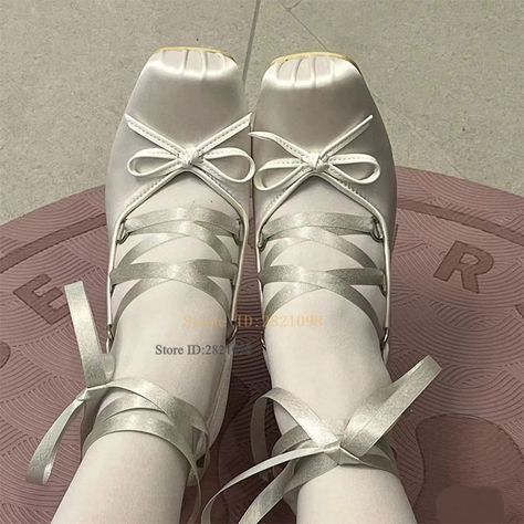 Ballerina High Heels Square Toes Smooth Silk Cross Tied Lace Up Pumps Abnormal Chunky Heels Women Ciel Black Butler, Ballet High Heels, Princess Sandals, Mary Jane Shoes Heels, The Cardigans, Satin Heels, Stil Inspiration, Thick Heels, Pretty Shoes