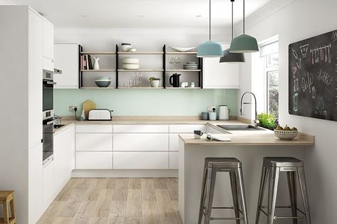 Soho Matt White Kitchen, Benchmarx Kitchen, Kitchen Diner Family Room, Bistro Shelving, Cabinet Colours, Matt Kitchen, White Range, White Kitchens, Kitchen Range