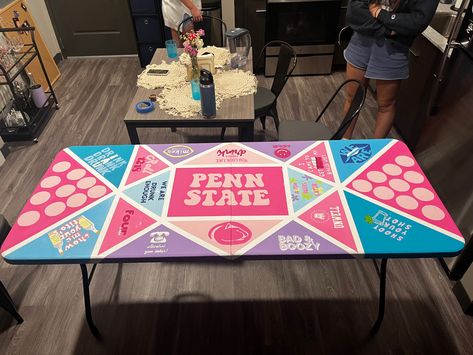 Penn state painted pong table #beerpong #pongtable #college #apartment #collegestudent #pennstate Homemade Beer Pong Table, Penn State Pong Table, Ping Pong Table Painted, Pong Table Painted, Diy Beer Pong, Diy Beer Pong Table, Senior Table, Beer Olympics, Beer Olympic