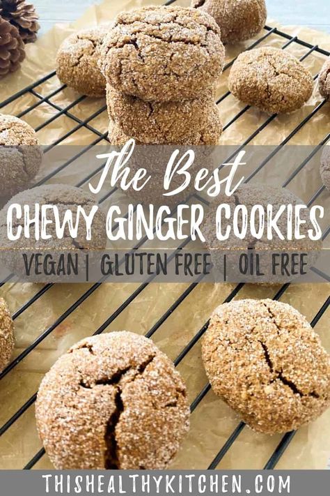 Learn how to make these easy vegan ginger cookies that are soft and chewy in the middle with crispy edges. This simple recipe is made in one bowl and ready in just 20 minutes. Plus, they're gluten free, oil free, healthy compared to most recipes out there, and they use molasses or go for a no molasses option, if preferred. #vegancookies #veganchristmascookies #veganbaking Ginger Cookies Healthy, Vegan Oil Free Cookies, Gluten Free Ginger Bread Cookies, Ginger Cookies Vegan, Healthy Gingerbread Recipes, Ginger Cookies No Molasses, Healthy Ginger Cookies, Oil Free Cookies, Gluten Free Xmas Cookies