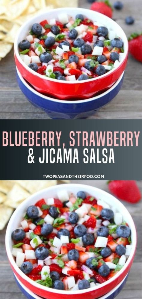 This Blueberry, Strawberry, and Jicama Salsa is the perfect appetizer or snack for your 4th of July party. It's a fresh and fruity salsa with a nice crunch, so festive for 4th of July and healthy for a summer snack! Jicama Salsa, Spring Eats, Strawberry Salsa Recipe, Healthy Salsa, Patriotic Recipes, Summer Salsa, Strawberry Salsa, July Recipes, Healthier Options