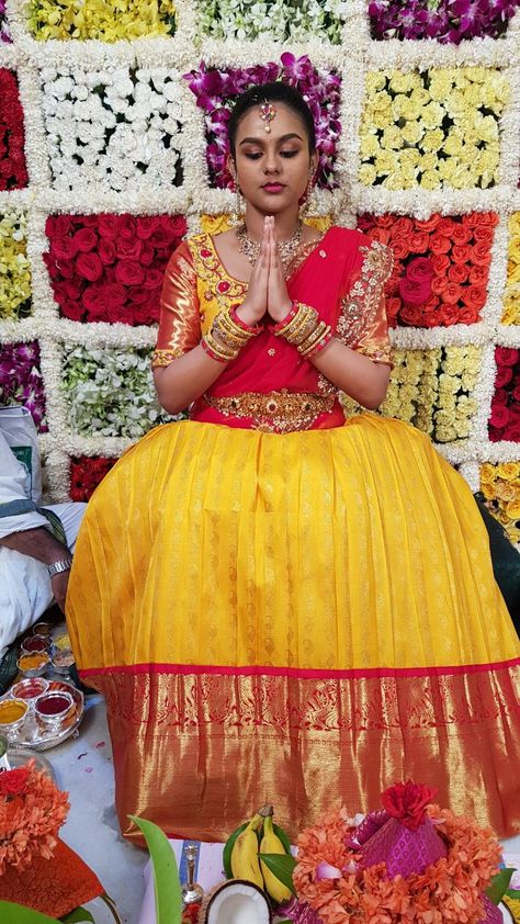 Yellow And Red Half Saree, Rakul Preet Singh Saree, Pink Half Sarees, Mom Daughter Matching Dresses, Saree Function, Kids Lehenga Choli, Half Saree Function, Langa Voni, Half Saree Lehenga