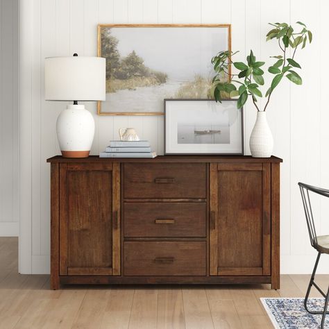 Sand & Stable 60" Wide 3 Drawer Sideboard & Reviews | Wayfair Credenza Styling, Sideboard Styles, Decoration Buffet, Buffet Table Decor, Paneled Doors, Sideboard Decor, Buffet Decor, Holiday Plates, Dining Room Buffet