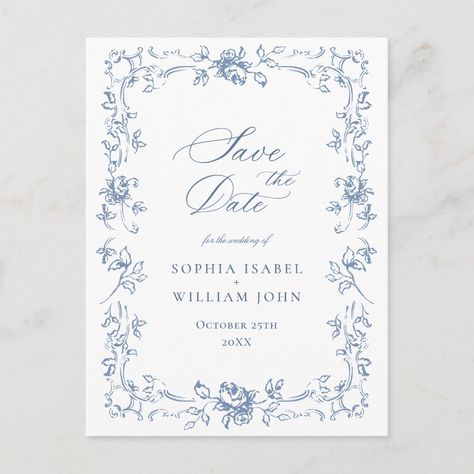 Elegant Vintage Blue French Garden Floral Wedding Save the Date Postcard. Toile Wedding, Save The Date Postcard, French Toile, Blue French, Save The Date Postcards, Invitation Inspiration, French Garden, Wedding Save The Date, Save The Dates