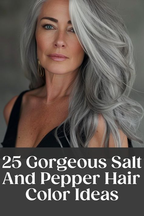 Woman with long, wavy salt and pepper hair, looking confidently ahead. Text overlay: "25 Gorgeous Salt And Pepper Hair Color Ideas". Salt And Pepper Hair With Lowlights, Short Salt And Pepper Hair Women, Short Curly Salt And Pepper Hair, Grey Silver Hair Color, Salt And Pepper Hair Color Ideas, Salt And Pepper Short Hair, Long Salt And Pepper Hair, Salt And Pepper Highlights, Salt And Pepper Hair Women