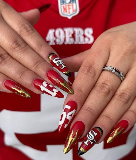 49ers Nails Designs San Francisco, Ou Football Nails, Ut Nails Designs, Nfl Nails Design, 49ers Nails Designs Nailart, Nfl Nail Designs, Chicago Nails Designs, 49er Tattoos For Women, Sf 49ers Nails