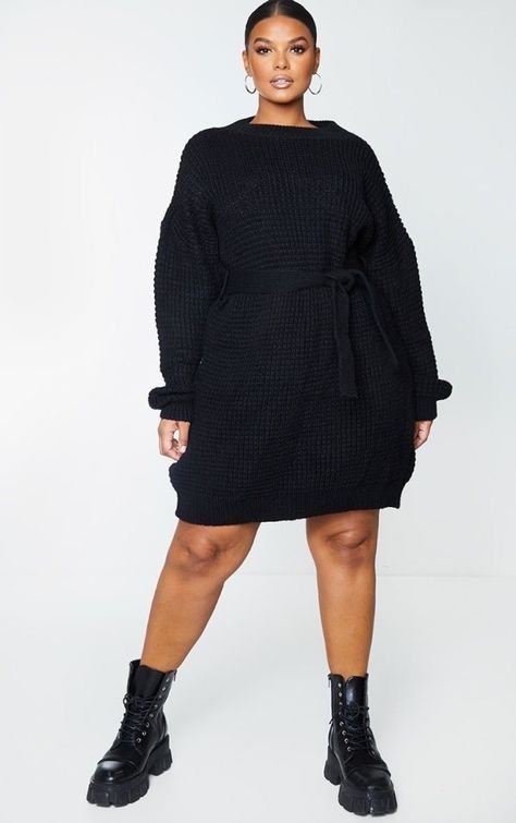 Combat Boot Outfits Plus Size, Plus Size Combat Boots Outfit, Combat Boots And Dresses, Black Dresses With Boots, Jumper Dress Outfit, Combat Boot Outfits, Combat Boot Outfit, Chunky Combat Boots, Knitted Jumper Dress