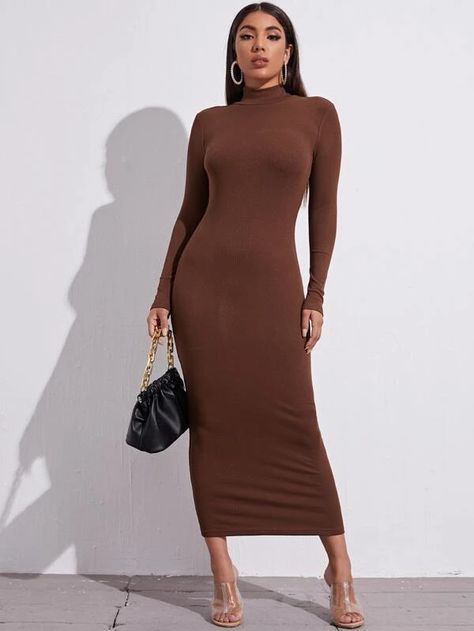 Mock Neck Solid Bodycon Dress | SHEIN USA Long Bodycon Dress Outfit Casual, Long Bodycon Dress Outfit, Winter Bodycon Dress, Bodycon Dress Winter, Bodycon Dress Outfit, Brown Bodycon Dress, Casual Classy Outfits, Body Con Dress Outfit, Bodycon Outfits