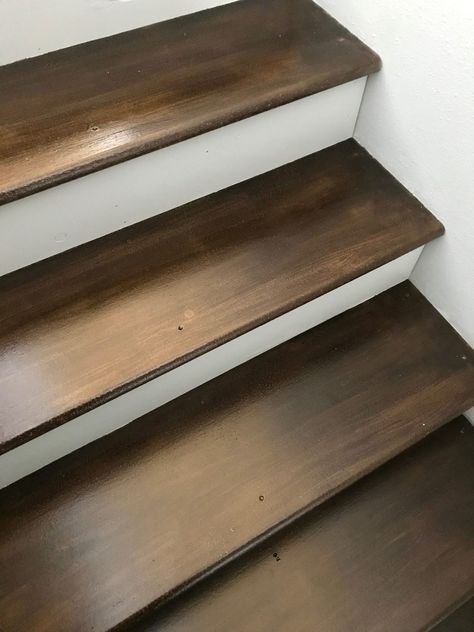 What Color To Paint Stairs, Wood Laminate Stairs, Linoleum Stairs Makeover, Paint Stairs Brown, Paint Stairs To Look Like Wood, Basement Stairs Painted, Wood Stain Colors For Stairs, Painting Plywood Stairs, Painted And Stained Stairs