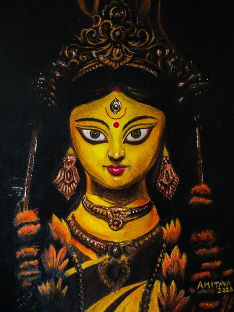 Devi Painting Goddesses, Lord Shiva Oil Pastel Painting, God Illustrations Durga, Durga Maa Portrait, Maa Durga Drawing Painting, Ma Durga Drawing Oil Pastel, Painting Portraits Easy, Indian God Paintings Canvases, Durga Painting Artworks Abstract