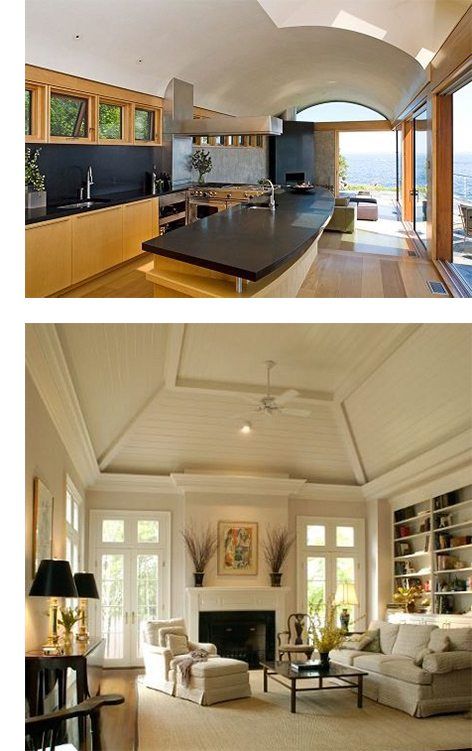 Barrel Vaulted Ceiling (top) and Tray Ceiling (bottom) Reverse Tray Ceiling, Barrel Ceiling Living Room, Beadboard Tray Ceiling, Wood Panel Tray Ceiling, Tray Ceiling Wood, Vaulted Tray Ceiling, Tray Ceiling Bedroom, Ceiling Styles, Tray Ceiling Ideas