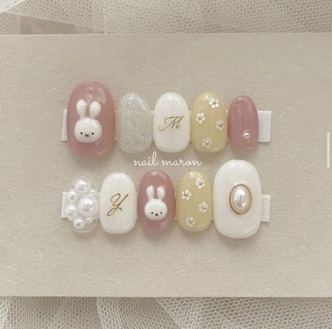 Gel Nails Cute, Nails Asian, Korea Nail Art, Nails Japanese, 3d Bunny, Nails Korean, Bunny Nails, Hello Nails, Asian Nails