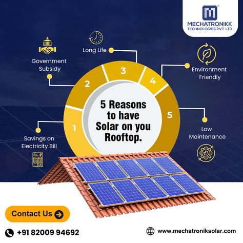 🌞 Considering solar energy for your rooftop?  Here are 5 compelling reasons why it's a bright idea:  1. Savings on Electricity Bill 2. Government Subsidy 3. Long Life 4. Environment Friendly 5. Low Maintenance  For Commercial/Industrial/Residential Solar Inquiry Call: 📲 +91 82009 94692 📲 +91 81604 00549 Visit website: www.mechatroniksolar.com . . . #SolarPower #GreenEnergy #GoSolar #EnergySavings #SolarPanel  #SolarEnergy #SwitchToSolarPanel #mechatronikksolar #Ahmedabad #Gujarat Solar Ads, Solar Energy Design, Residential Solar, Solar Roof, Electricity Bill, Visit Website, Real Estate Tips, Post Ideas, Green Energy