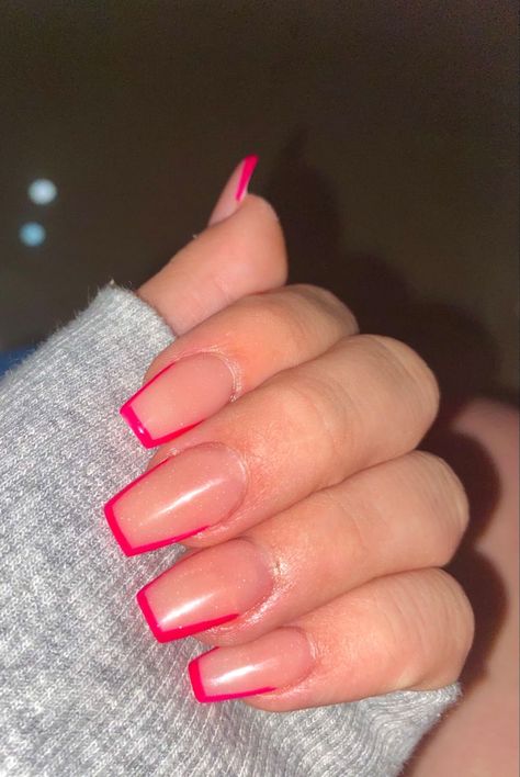 nude nails with hot pink tips Homecoming Nails Hot Pink, Nails For A Hot Pink Dress, Hot Pink Simple Nails, Hot Pink Formal Nails, Nails With Hot Pink Tips, Hot Pink Homecoming Nails, Nude And Hot Pink Nails, Hot Pink Hoco Nails, Hot Pink Tip Nails