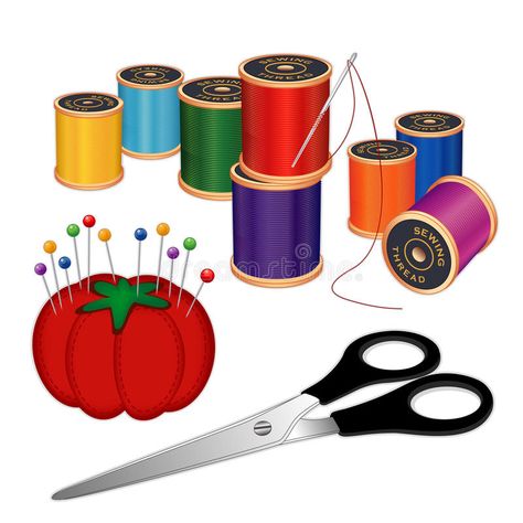 Sewing Kit. With silver needle, spools of thread, scissors, pincushion, pins, isolated on white background for sewing, tailoring, quilting, crafts, embroidery royalty free illustration Needle Illustration, Sewing Pins, Diy And Crafts Sewing, Video Games For Kids, Easy Video, Craft Wedding, Dog Snacks, Dinners For Kids, Crafts For Teens