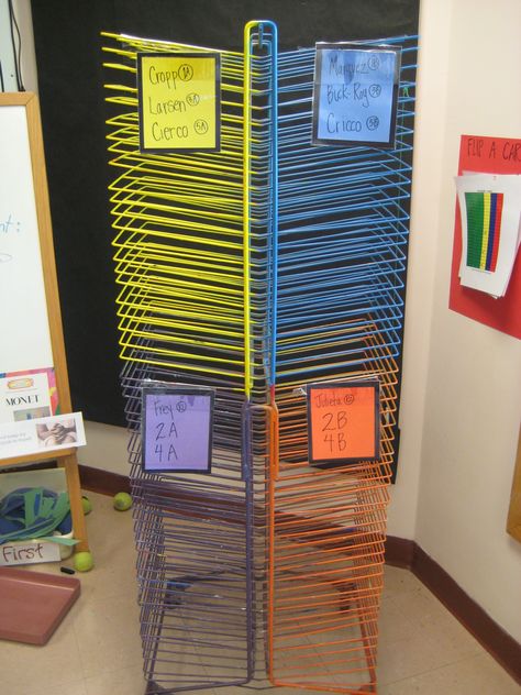 My drying rack was originally all light blue. I teach four classes a day, so I divided it up and spray painted each section to keep my student's artwork better organized. Diy Drying Rack, Art Room Rules, Art Classroom Organization, Art Room Posters, Art Classroom Management, Classe D'art, Elementary Art Rooms, Classroom Images, Art Classroom Decor