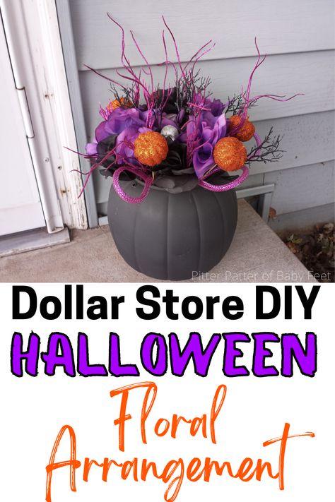 Wanting to add to your Halloween decorations this year? Looking for a cheap Dollar Tree DIY home decor idea? Then try this Halloween flower arrangement! halloween decorations outdoor, halloween decorations diy, halloween floral arrangement diy, halloween dollar tree diy, halloween dollar tree crafts, dollar tree crafts Halloween Floral Arrangements Diy, Cheap Diy Halloween Decor, Diy Halloween Dollar Tree, Halloween Dollar Tree, Cheap Diy Halloween, Halloween Party Centerpieces, Dollar Tree Diy Home Decor, Halloween Flower Arrangements, Hocus Pocus Halloween Decor