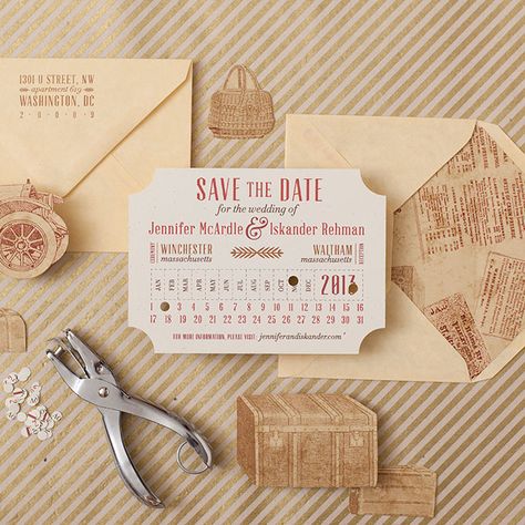 Brides.com: . "Vintage Train Ticket" digitally printed notched save-the-date, $950 for 100, Suite Paperie Save The Date Train Ticket, 1920s Save The Date Ideas, Train Ticket Wedding Invitations, Save The Date Ticket, Vintage Train Ticket, Ticket Save The Date, Vintage Save The Date, Save The Date Ideas, Save The Date Video