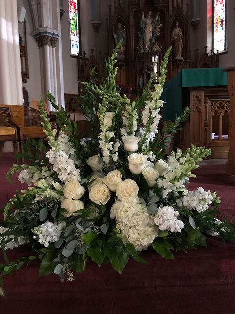 Altar Flower Arrangements Wedding, Church Arrangements Altars, Church Entrance Flowers, Large White Floral Arrangements, Altar Floral Arrangements, Church Flower Arrangements Wedding, Church Flower Arrangements Altars Ideas, Church Altar Flower Arrangements, Church Wedding Flowers Altar