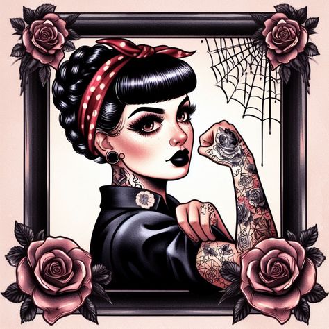 Created by Bing AI: "Traditional tattoo flash style. Framed portrait. Rosie the Riveter, but goth. Two black braids and bangs. Spiderweb and rose tattoos." Rosie The Riveter Tattoo Traditional, Rosie The Riveter Tattoo Simple, Gothic Rockabilly, Elvira Pinup Tattoo, Zombie Pin Up Tattoo, Rosie The Riveter Tattoo, Pin Up Girl Tattoos, Traditional Pinup Tattoo, Rockabilly Tattoo Sleeve