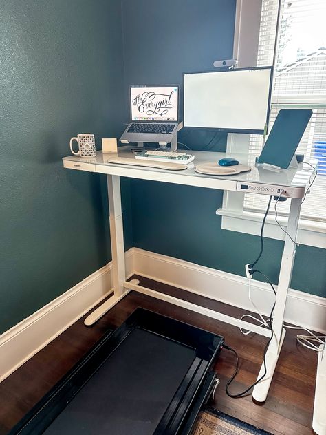 Raised Desk Office, Walking Desk Treadmills, Desk Over Treadmill, Best Standing Desk Setup, Office With Adjustable Height Desk, Work From Home Set Up Standing Desk, Height Adjustable Desk Office, Under Desk Treadmill Workout, Office With Walking Pad