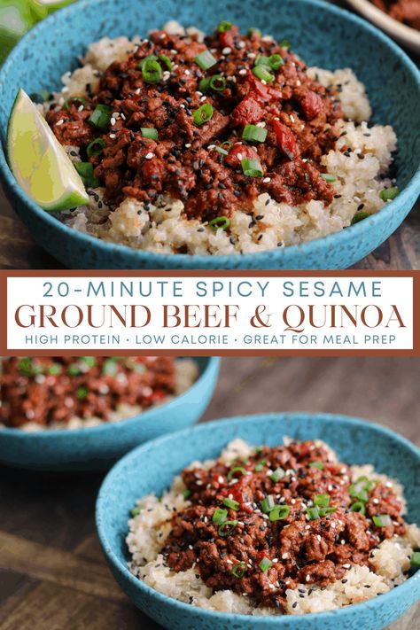 A quick 20-minute recipe for ground beef and quinoa that's great for high protein meal prep and the spice lovers in your life. Sesame Ground Beef, Beef And Quinoa Recipes, Ground Beef And Quinoa Recipes, Ground Beef And Quinoa, Prepped Meals, Protein Meal Prep, Quinoa Bowls, High Protein Meal, Healthy Ground Beef