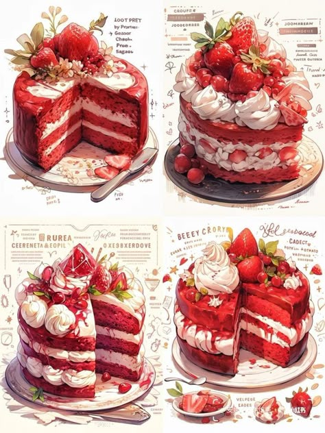 Cake Reference Photo, Food Artwork, Food Illustration Art, Pretty Dessert, Food Drawings, Cute Food Drawings, Cute Food Art, Food Painting, Illustration Food