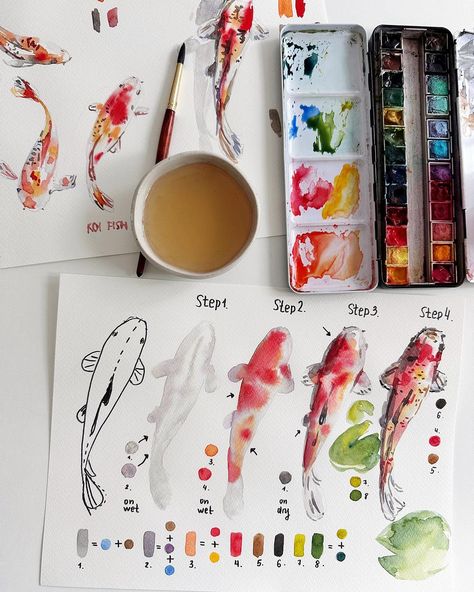 How to paint koi fish with #watercolor 🎨🎏 Sharing with you my favorite way to paint koi fish. It's super fun and easy. Below are color… | Instagram Paint Koi Fish, Watercolor Koi Fish, Koi Painting, Koi Fish Drawing, Sap Green, Koi Watercolor, Learn Watercolor Painting, Ikan Koi, Watercolor Fish