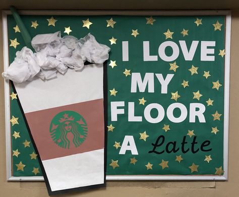 Coffee RA Bulletin Board Latte Bulletin Board Ideas, Coffee Door Decs, Coffee Bulletin Board Ideas, Fall Ra Boards, Starbooks Library, Ra Floor Themes Ideas, Starbooks Classroom, Coffee Bulletin Board, Starbucks Classroom