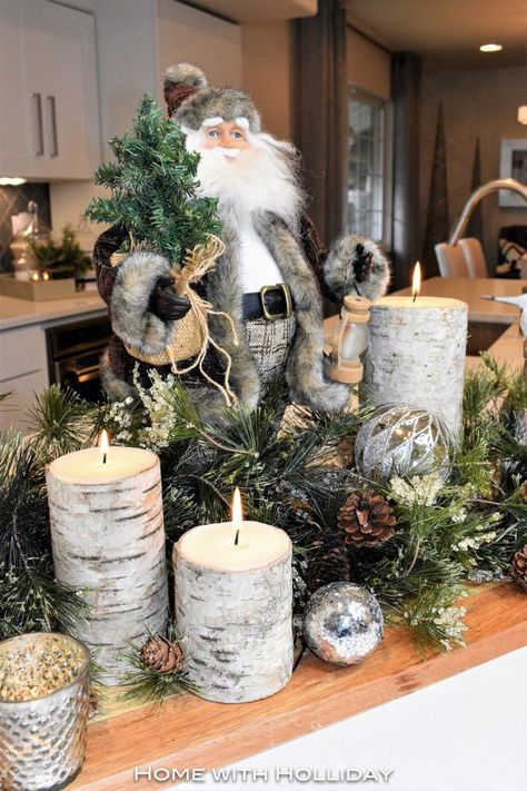 Rustic Winter Christmas Centerpiece - Home with Holliday Santa Centerpiece, Dale Evans, Winter Centerpieces, Christmas Centerpiece, Woodland Christmas, Christmas Decorations Rustic, Christmas Centerpieces, Christmas Table Decorations, Christmas Deco