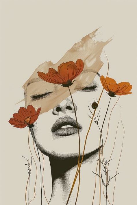 The Flower Woman - Enea Kelo Female Artwork Illustrations, Portraits Female, Minimalist Portrait, Flower Woman, Face Flower, Hair Vector, Female Artwork, Minimalistic Art, People Figures