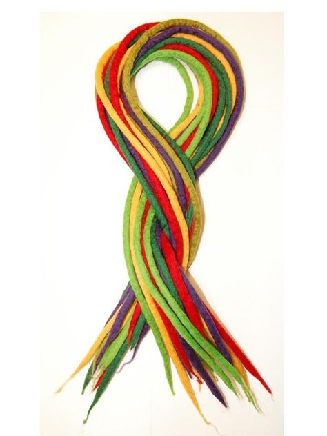 "Made from 100% natural merino wool. Lovely soft and light hand-made dreads.The dreads are double ended and approx 38\" long. If braided into your hair they will give a double fall of approx 19\". The dreads are approx 3/4cm to 1cm wide, and being handmade all have natural variations to add to their character! Each set contains 4 dreads of each of the following colours: Olive green Forest green, Vivid green, Red, Marigold yellow, Purple. I have lots of other colours available, and can mix and ma Red Marigold, Soft Dreads, Wool Dreadlocks, Wool Dreads, Dread Extensions, Crafter Gift, Marigold Yellow, Color Tag, Vert Olive