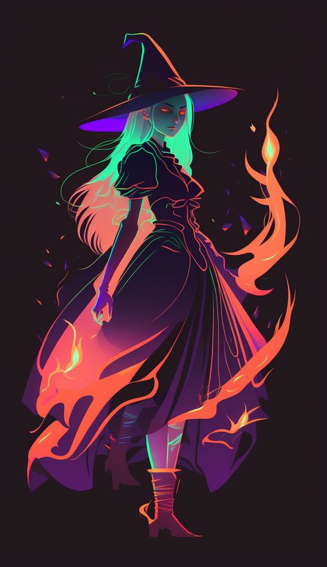 Wiches Art, Modern Witch Art, Dark Fairytale Art, Neon Witch, Witchy Goblincore, Witch Drawing, Dark Fairytale, Vector Gradient, Iphone Wallpaper Landscape