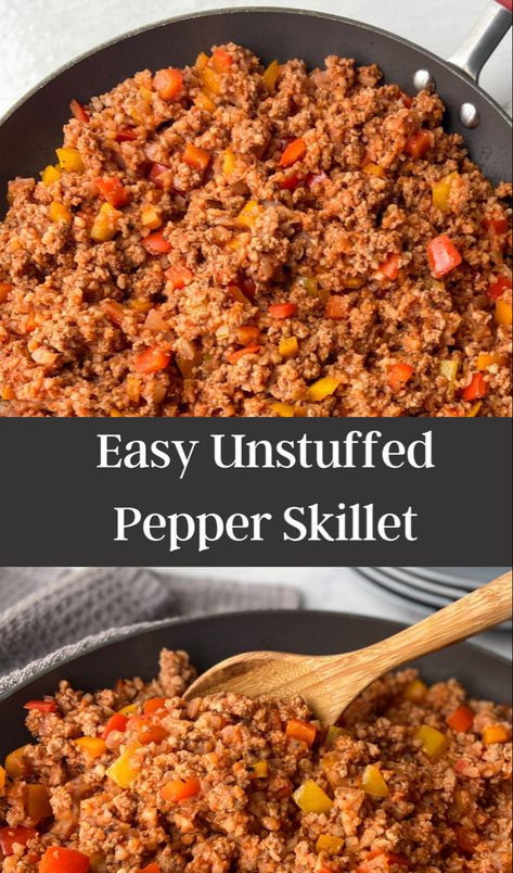 Unstuffed pepper skillet Unstuffed Pepper Skillet, Stuffed Pepper Skillet, Paleo Stuffed Peppers, Pepper Skillet, Unstuffed Peppers, One Skillet, Weekend Meals, Simple Dinner, Gluten Free Recipes For Dinner