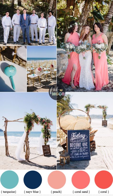 Coral Navy Blue and Turquoise For A Tropical Beach Wedding | FabMood #beachwedding #coralwedding Beach Wedding Colors Schemes, Beach Wedding Navy, Beach Wedding Coral, Beach Wedding Groomsmen, Beach Wedding Decorations Reception, Beach Wedding Bridesmaids, Beach Wedding Centerpieces, Beach Wedding Attire, Beach Wedding Colors