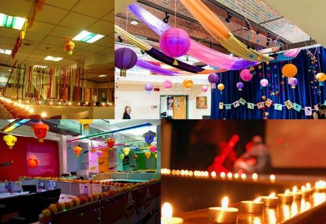 Diwali Decoration Diwali Office Decoration Ideas, Event Party Ideas, Diwali Decoration Lights, Diwali Decoration Ideas, Party Organisers, Office Ceiling, Corporate Offices, Lights Ideas, Decoration Lights