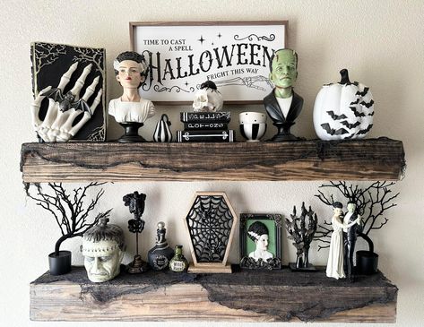 Monochrome House, Halloween Shelf, Halloween Living Room, Halloween Frankenstein, Bat House, Halloween Room, Halloween Bedroom, Clever Halloween Costumes, 2023 Halloween