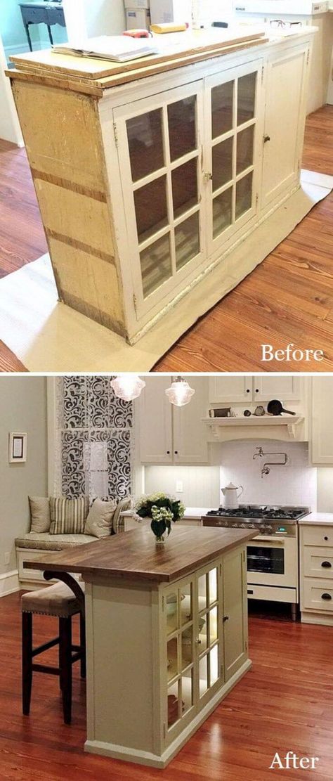 China Cabinet to Kitchen Island Upcycle Before After Furniture, Kitchen Makeovers, Amazing Kitchen, Diy Kitchen Island, Ideas Hogar, After Pictures, Makeover Ideas, Counter Space, Kitchen Redo