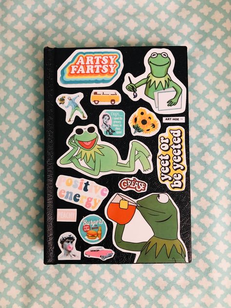 Sticker covered sketchbook Anatomy Notebook, Cute Sketchbooks, Custom Sketchbook, Drawing Notebook, Sketchbook Cover, Art Journal Cover, Drawing Journal, Cute Sketches, Book Drawing