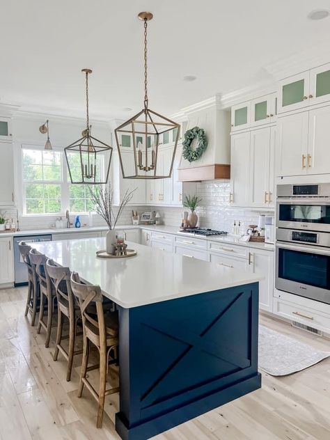 Blue Island Kitchen Black Hardware, Color Island Kitchen, White Cabinet Blue Island Kitchen, Stove On Island Kitchen, White Cabinet Blue Island, White Kitchen Blue Island Black Hardware, Navy Island White Cabinets, White Kitchen Blue Island Brass Hardware, Navy Blue Island White Cabinets Farmhouse Fixtures