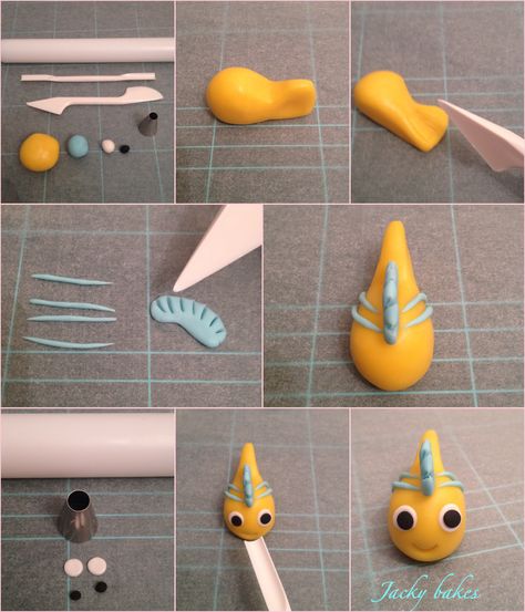 Clay Fish Tutorial, Clay Critters, Ocean Cakes, Clay Fish, Yellow Fish, Cake Topper Tutorial, Creative Idea, Pottery Crafts, Food Recepie