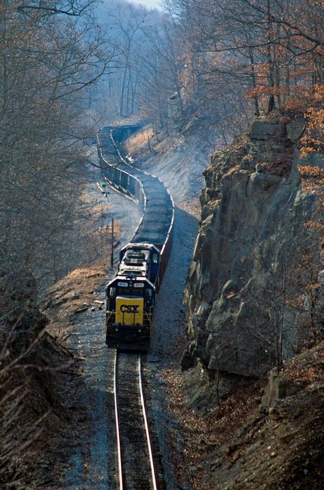 West Virginia Railroads. Two SD60s lead a unit coal train upgrade near Frenchton, West Virginia, and through a large rock cut. Photo by melvinnicholson. Source Flickr.com Coal Train, Csx Transportation, Train Crash, Old Steam Train, Train Whistle, Train Adventure, Steam Engine Trains, Rail Transport, Subway Train