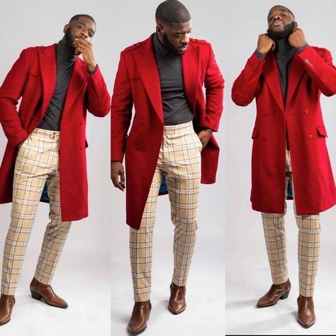 Red Overcoat, Black Men Fashion Casual, Big Men Fashion, Black Men Fashion Swag, Fashion Suits For Men, Mens Fashion Classy, Stylish Mens Outfits, Mens Fashion Suits, Black Men Fashion