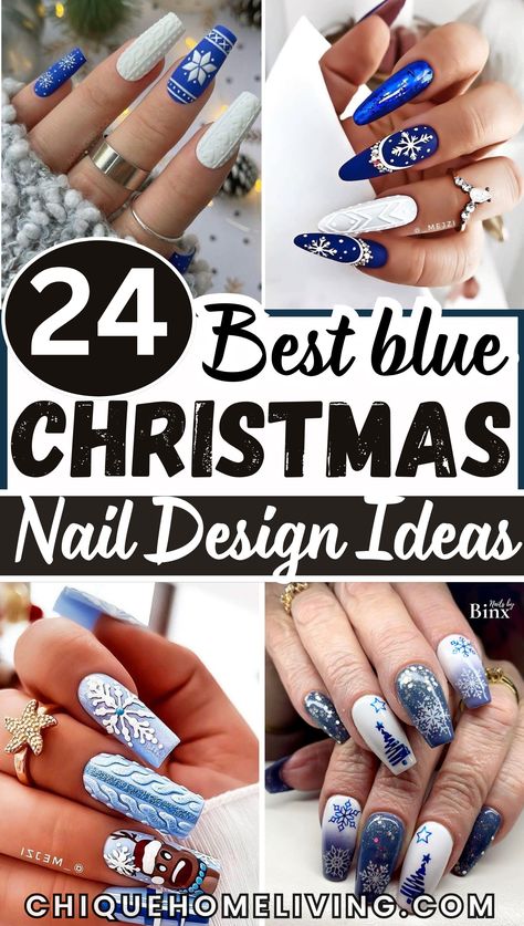 Elevate your holiday style with these Stunning Blue Christmas Nail Ideas that are as cool as winter itself! From icy blue ombrés to deep midnight blues with silver accents, these designs capture the magic of a winter wonderland. Icy Blue And White Nails, Royal Blue Nails Christmas, Blue And White Holiday Nails, Blue And White Nails Winter, Christmas Nails Blue And Silver, Icy Blue Nail Designs, Simple Christmas Nails Blue, Blue Holiday Nail Designs, Midnight Blue Nails Design